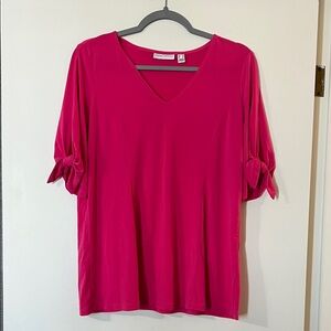 Susan Graver Bright Pink V-Neck Blouse with Bow Sleeves